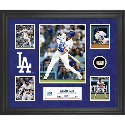 Collage encadré de 5 photos des Dodgers de Los Angeles de Gavin Lux avec un morceau de ballon utilisé lors du match