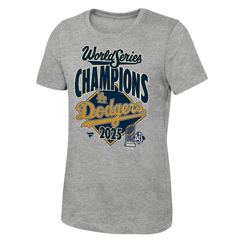 Girls Youth Fanatics  Heather Gray Los Angeles Dodgers 2025 World Series Champions Locker Room Replica V-Neck T-Shirt