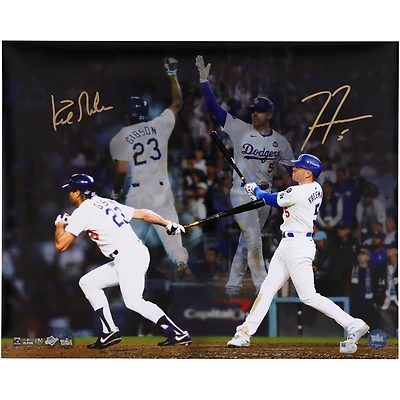 Kirk Gibson & Freddie Freeman Los Angeles Dodgers Autographed 16" x 20" World Series Hitting Celebration Spotlight Photograph 