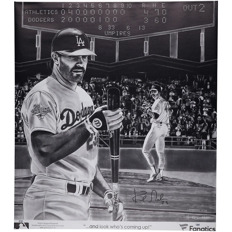Toile étirée autographiée par Kirk Gibson des Dodgers de Los Angeles, 35" x 40", Série mondiale 1988 - Art de Dave Hobrecht - Édition limitée à 23 exemplaires
