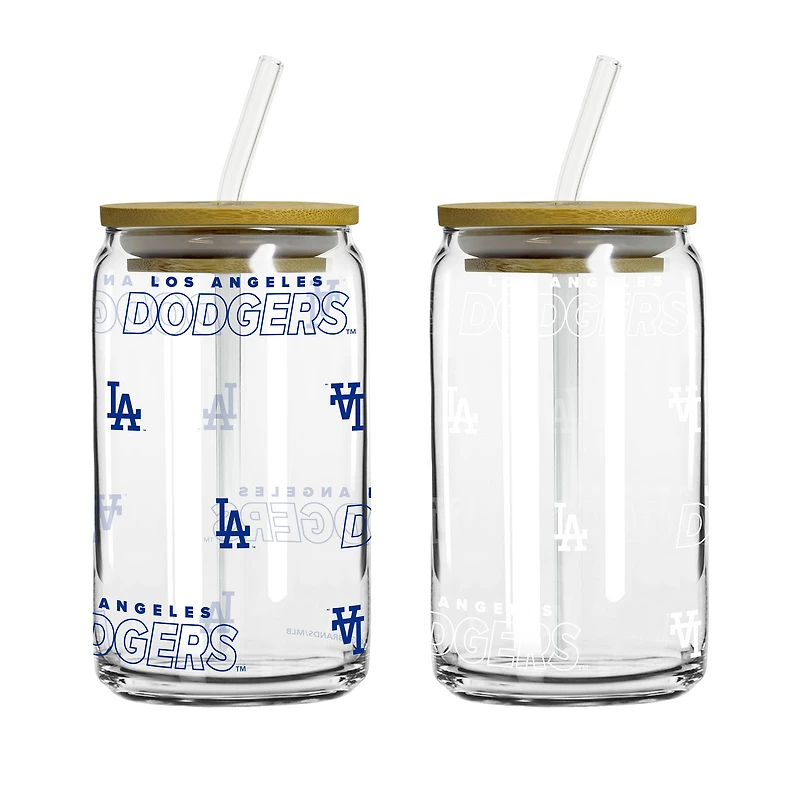 Logo Brands Los Angeles Dodgers Canette en verre Step And Repeat de 473 ml (16 oz) avec couvercle et paille, paquet de 2