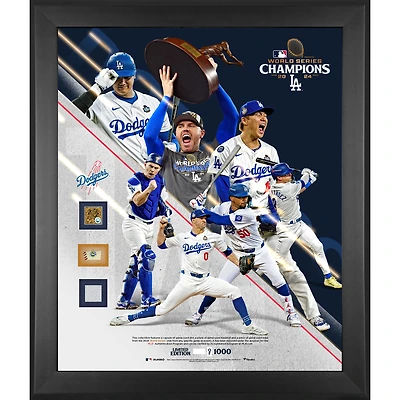 Los Angeles Dodgers 2024 MLB World Series Champions Framed 20" x 24" Collage with Pieces of World Series Game-Used Baseball, Base and Dirt - Limited Edition of 1000 - Version 2