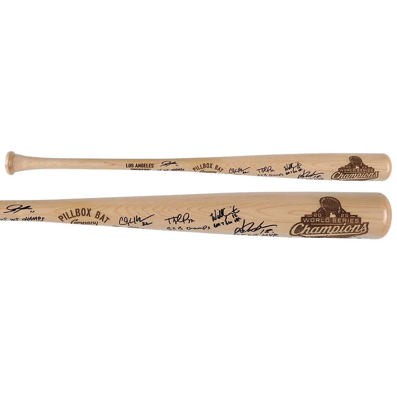 Bâton commémoratif Pillbox autographié par les Dodgers de Los Angeles, champions de la Série mondiale 2025, avec 8 signatures et de multiples inscriptions - Édition limitée à 25 exemplaires