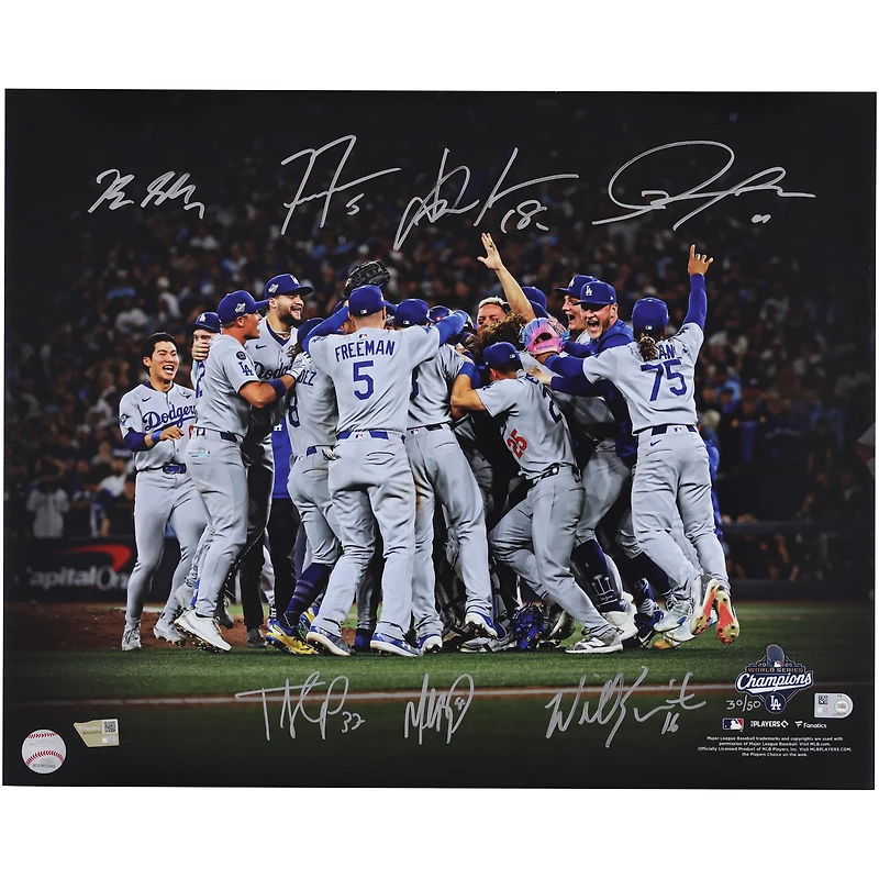Photo de célébration 40 x 50 cm (16 x 20 pouces) autographiée par les Dodgers de Los Angeles, champions de la Série mondiale 2025, avec 7 signatures - Édition limitée à 50 exemplaires