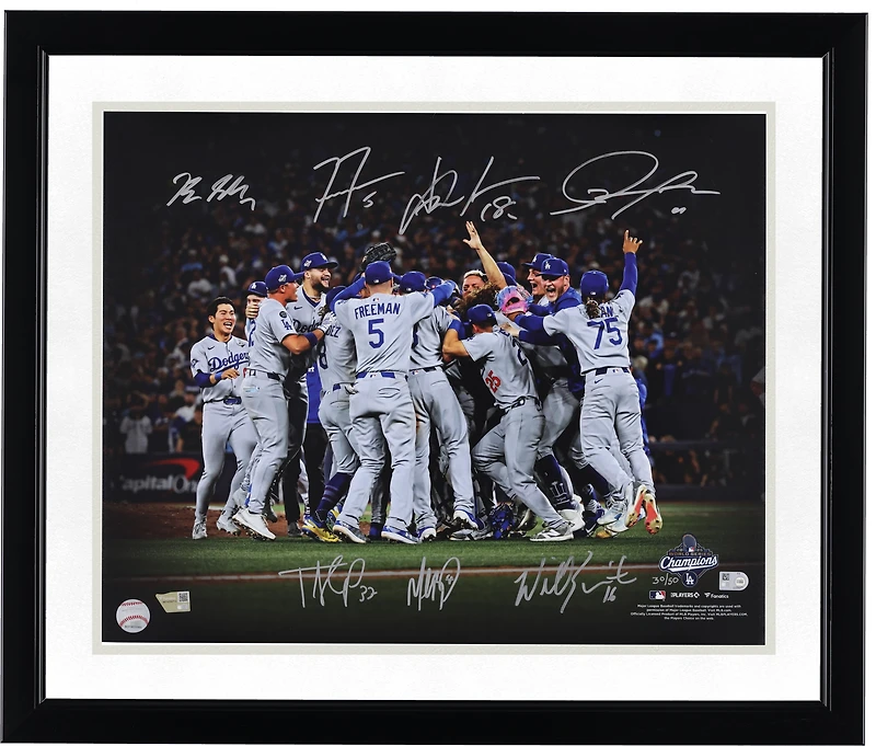 Photo de célébration 40 x 50 cm (16 x 20 pouces) autographiée par les Dodgers de Los Angeles, champions de la Série mondiale 2025, avec 7 signatures - Édition limitée à 50 exemplaires