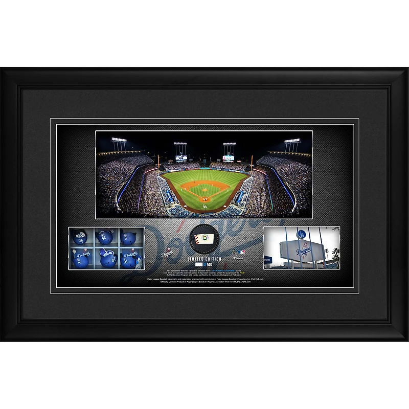 Collage panoramique encadré du stade des Dodgers de Los Angeles 10" x 18" avec un morceau de baseball utilisé lors du match - Édition limitée à 500 exemplaires