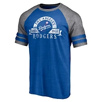 Men's Fanatics Heather Royal Los Angeles Dodgers Utility Two-Stripe Raglan Tri-Blend T-Shirt
