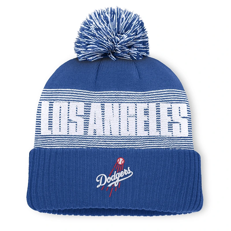 Bonnet à revers rayé Los Angeles Dodgers de la marque Fanatics Royal pour homme, avec pompon