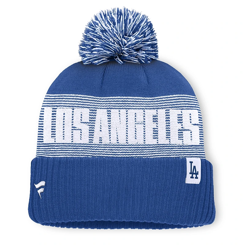 Bonnet à revers rayé Los Angeles Dodgers de la marque Fanatics Royal pour homme, avec pompon