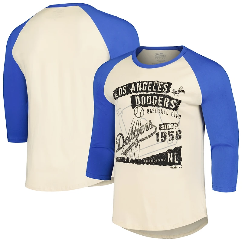 T-shirt raglan à manches 3/4 Majestic Threads pour hommes crème/royal Los Angeles Dodgers