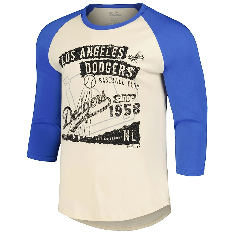 T-shirt raglan à manches 3/4 Majestic Threads pour hommes crème/royal Los Angeles Dodgers