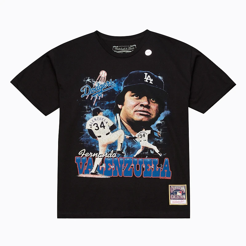 T-shirt Mitchell & Ness noir pour homme Fernando Valenzuela, joueur légendaire des Los Angeles Dodgers, style collage