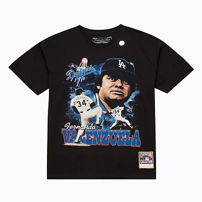 T-shirt Mitchell & Ness noir pour homme Fernando Valenzuela, joueur légendaire des Los Angeles Dodgers, style collage