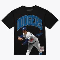 T-shirt graphique Mitchell & Ness noir pour homme, avec photo de Fernando Valenzuela, joueur des Los Angeles Dodgers.