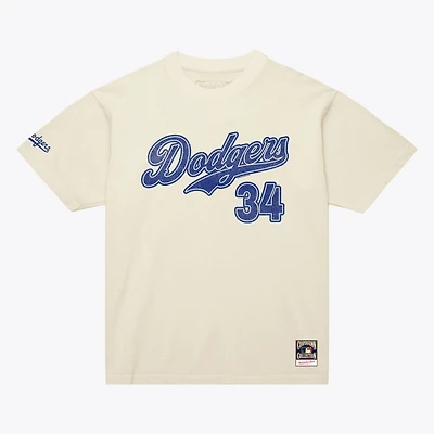 Men's Mitchell & Ness Fernando Valenzuela Cream Los Angeles Dodgers Cooperstown Collection Throwback Name Number T-Shirt