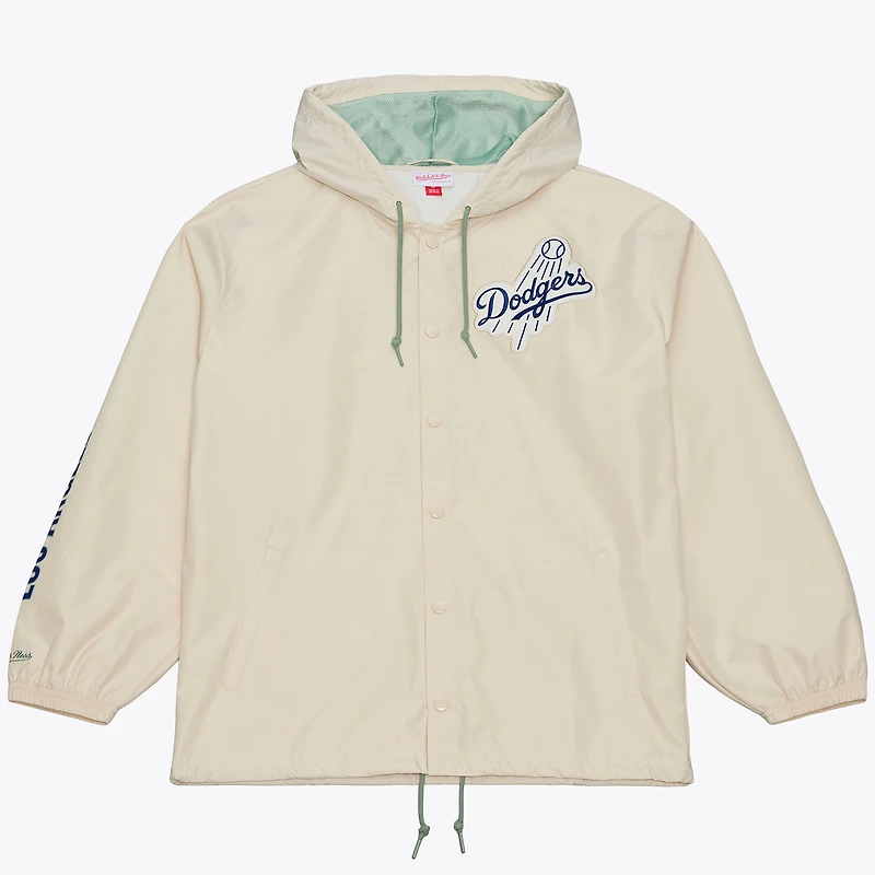 Men's Mitchell & Ness Fernando Valenzuela Cream Los Angeles Dodgers Full-Snap Yacht Rock Name Number Hooded Coach's Jacket