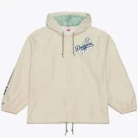 Men's Mitchell & Ness Fernando Valenzuela Cream Los Angeles Dodgers Full-Snap Yacht Rock Name Number Hooded Coach's Jacket