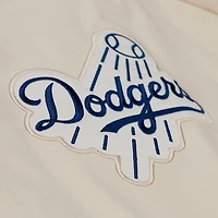 Veste de coach à capuche Mitchell & Ness Fernando Valenzuela crème Los Angeles Dodgers, fermeture boutons-pression, style Yacht Rock, avec nom et numéro.