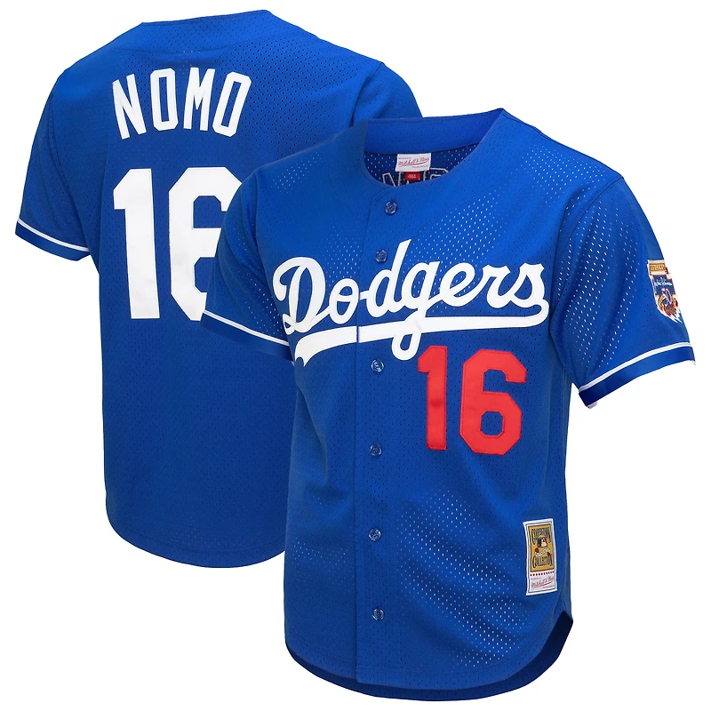 Men's Mitchell & Ness Hideo Nomo Royal Los Angeles Dodgers Cooperstown Collection Mesh Batting Practice Button-Up Jersey