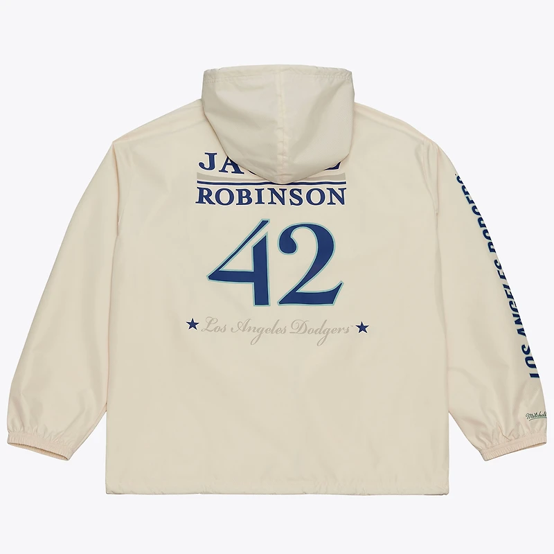 Veste de coach à capuche Mitchell & Ness Jackie Robinson crème Los Angeles Dodgers, fermeture boutons-pression, style Yacht Rock, avec nom et numéro.