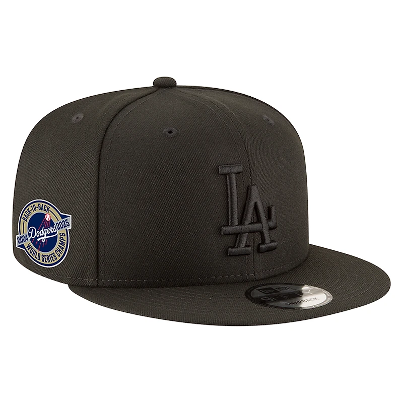 Casquette New Era noire pour homme Los Angeles Dodgers, écusson latéral rond « Back to Back Champions », taille ajustable 9FIFTY
