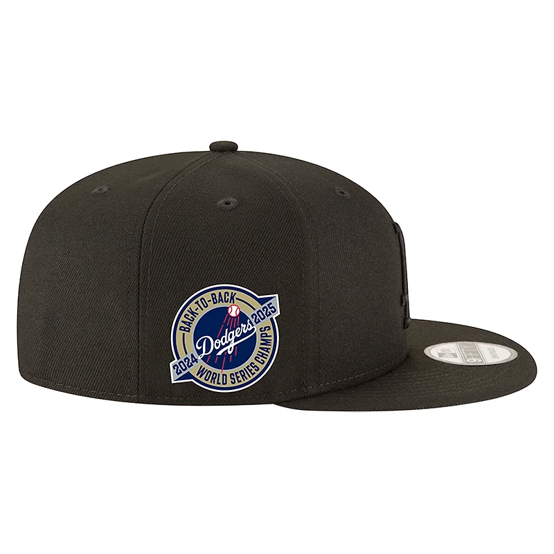 Casquette New Era noire pour homme Los Angeles Dodgers, écusson latéral rond « Back to Back Champions », taille ajustable 9FIFTY