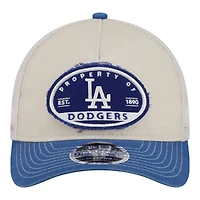 Casquette trucker New Era 9FORTY pour homme, beige clair/bleu roi, Los Angeles Dodgers, modèle Frayed M-Crown A-Frame. Modèle ajustable.