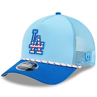Casquette camionneur ajustable New Era bleu clair/bleu royal Los Angeles Dodgers 2025 4 juillet 9FORTY A-Frame M-Crown pour homme