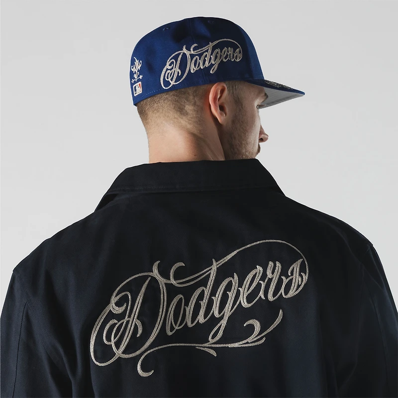 Veste New Era bleu marine pour homme, modèle Coach des Dodgers de Los Angeles, à boutons-pression.