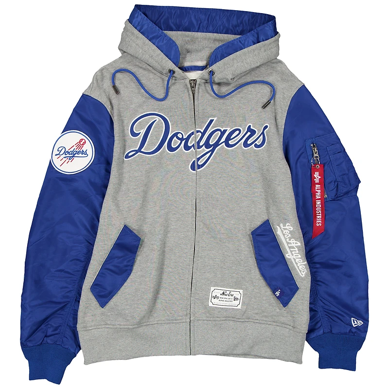 Veste à capuche zippée New Era x Alpha Industries pour homme, gris chiné/bleu royal, Los Angeles Dodgers