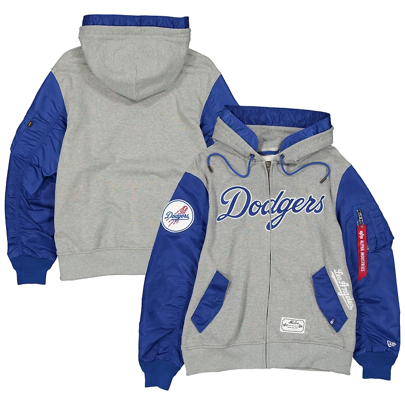 Veste à capuche zippée New Era x Alpha Industries pour homme, gris chiné/bleu royal, Los Angeles Dodgers