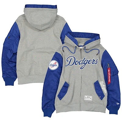 Veste à capuche zippée New Era x Alpha Industries pour homme, gris chiné/bleu royal, Los Angeles Dodgers