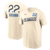 T-shirt avec nom et numéro Nike Clayton Kershaw pour homme, crème, Los Angeles Dodgers 2024 City Connect Fuse