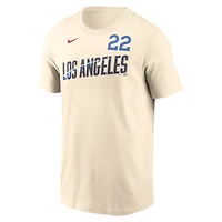 T-shirt avec nom et numéro Nike Clayton Kershaw pour homme, crème, Los Angeles Dodgers 2024 City Connect Fuse