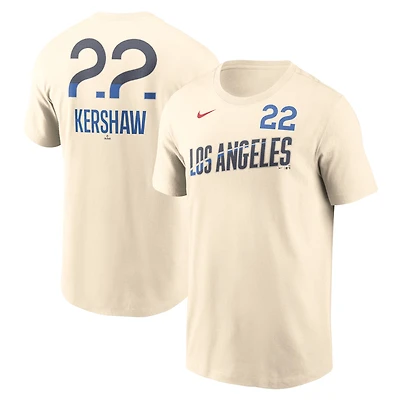 T-shirt avec nom et numéro Nike Clayton Kershaw pour homme, crème, Los Angeles Dodgers 2024 City Connect Fuse