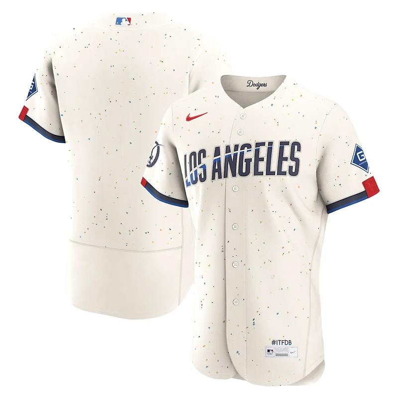 Maillot authentique Nike City Connect pour homme, couleur crème, Los Angeles Dodgers, avec patch de sponsor.