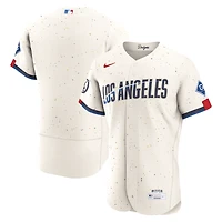 Maillot authentique Nike City Connect pour homme, couleur crème, Los Angeles Dodgers, avec patch de sponsor.