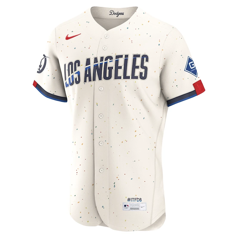 Maillot authentique Nike City Connect pour homme, couleur crème, Los Angeles Dodgers, avec patch de sponsor.