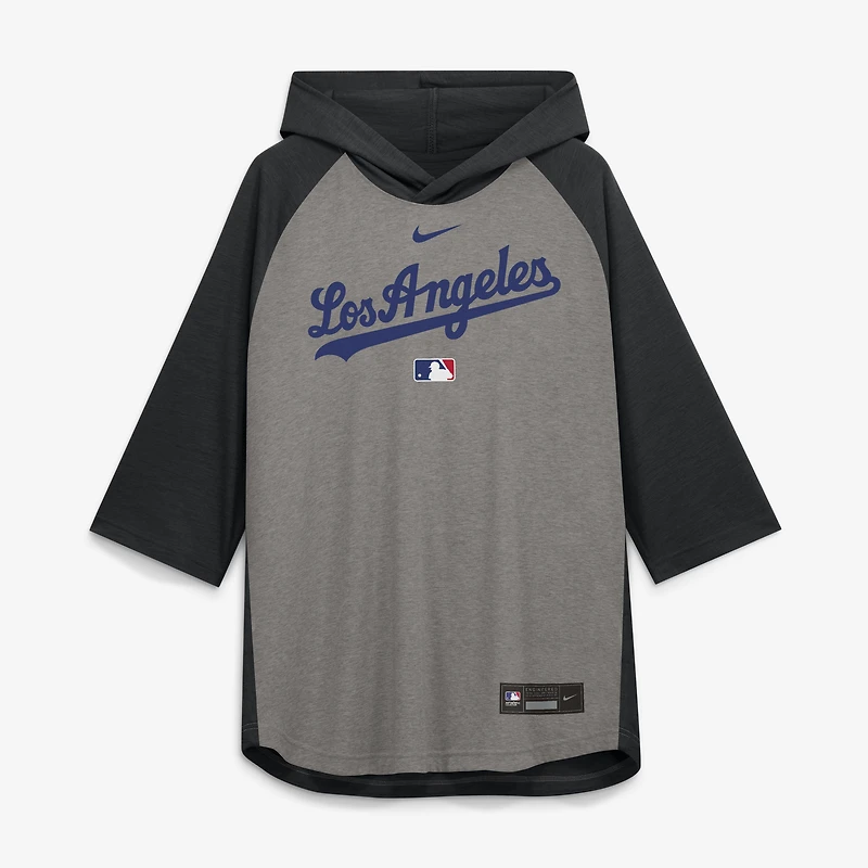 Men's Nike Gray Los Angeles Dodgers Authentic Collection Flux Dri-FIT Raglan 3/4-Sleeve Hooded T-Shirt