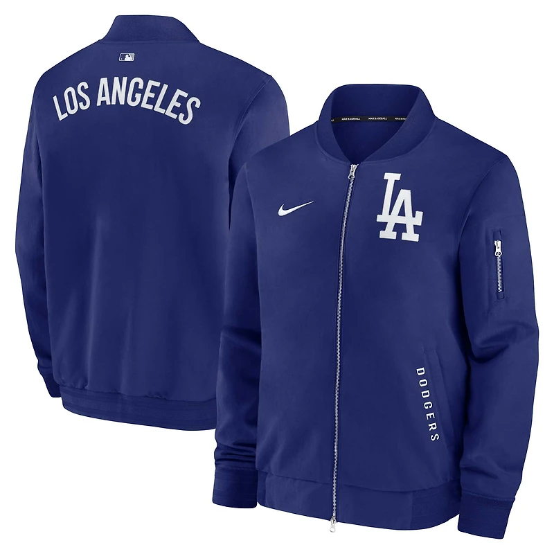 Veste aviateur décontractée entièrement zippée Nike Royal Los Angeles Dodgers Authentic Collection Dugout pour homme