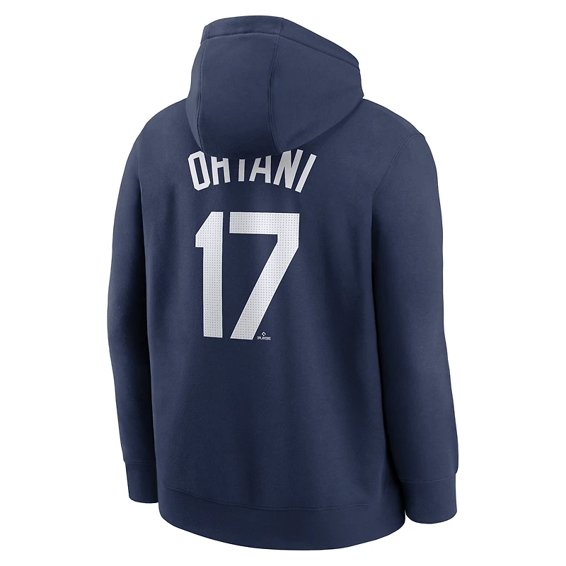 Sweat à capuche Nike Shohei Ohtani bleu marine pour homme, avec nom et numéro du joueur des Dodgers de Los Angeles.