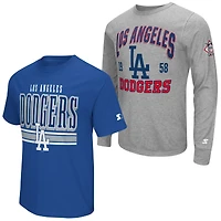 Ensemble de deux t-shirts à manches longues et courtes Starter pour homme, gris chiné/bleu royal, Los Angeles Dodgers