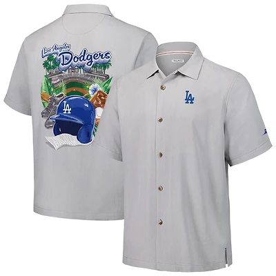 Men's Tommy Bahama Gray Los Angeles Dodgers Hit and Run Silk Camp Button-Up Shirt