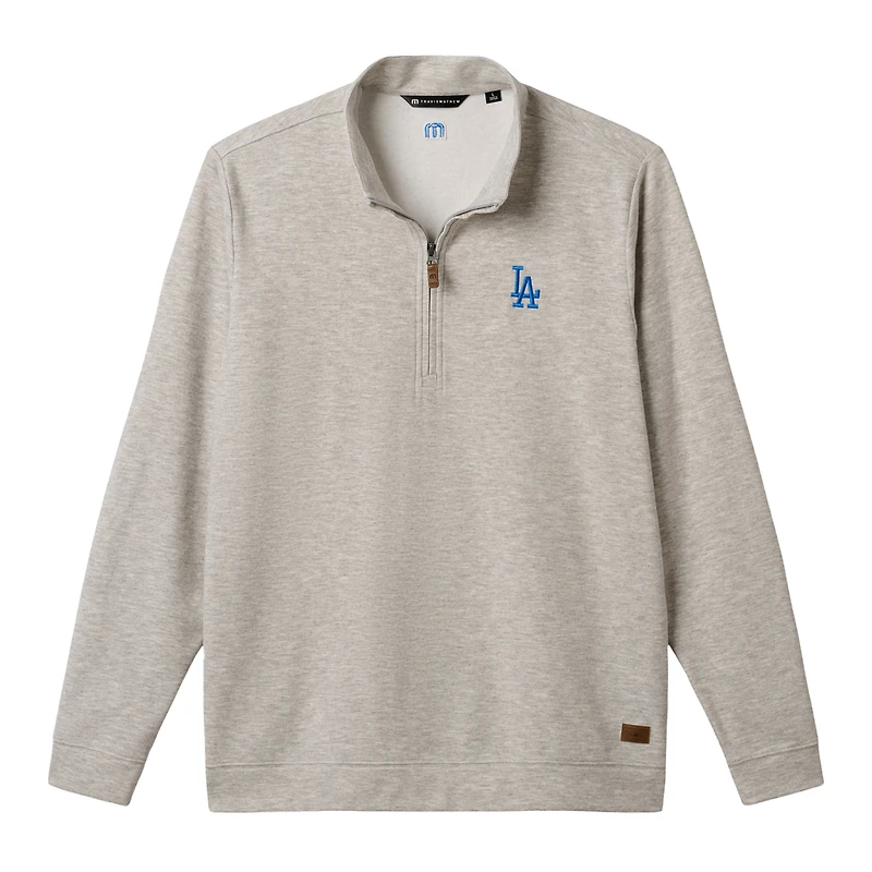 Pull TravisMathew pour homme, gris chiné, Los Angeles Dodgers Cloud Home Game, col zippé, mélange de trois matières.