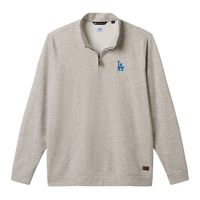 Pull TravisMathew pour homme, gris chiné, Los Angeles Dodgers Cloud Home Game, col zippé, mélange de trois matières.