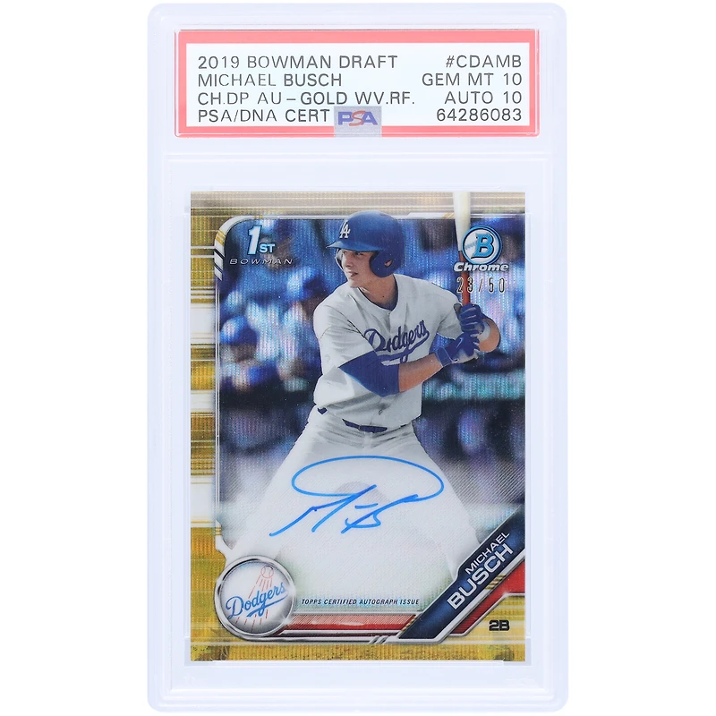 Michael Busch Los Angeles Dodgers Autographié 2019 Bowman Chrome 1st Bowman Gold Wave Refractor #CDA-MB #23/50 PSA Authentifié 10/10 Carte