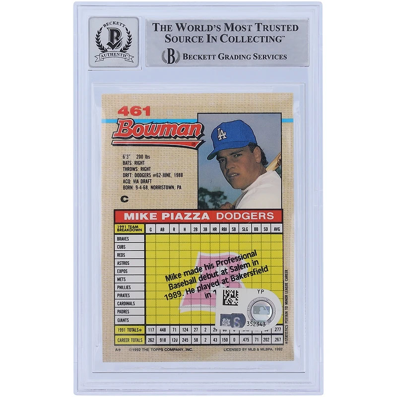 Carte de recrue autographiée 1992 Bowman Series 1 #461 de Mike Piazza des Los Angeles Dodgers, Beckett Fanatics Witnessed Authenticated 10 Rookie