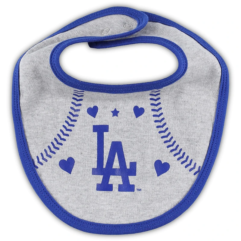 Ensemble trois pièces Love of Baseball Bib Body et chaussons Royal/Heather Grey Los Angeles Dodgers pour nouveau-né bébé