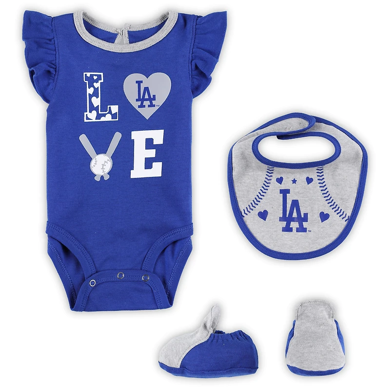 Ensemble trois pièces Love of Baseball Bib Body et chaussons Royal/Heather Grey Los Angeles Dodgers pour nouveau-né bébé