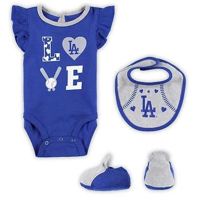 Ensemble trois pièces Love of Baseball Bib Body et chaussons Royal/Heather Grey Los Angeles Dodgers pour nouveau-né bébé